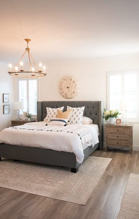 Grey Headboard Bedroom, Grey Bed Frame, Grey Headboard, Chandelier Bedroom, Contemporary Chandelier, Bedrooms Decor, Gray Bedroom, Bedroom Headboard, Grey Bedding