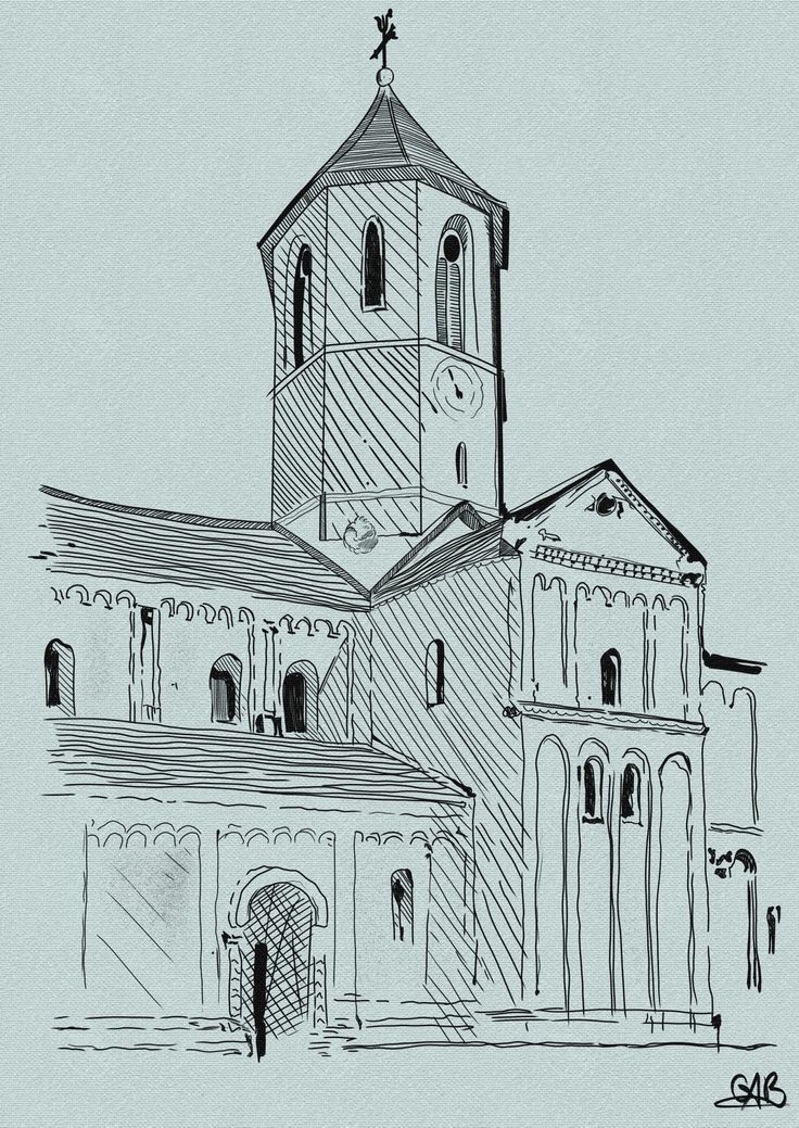 an ink drawing of a church with a steeple and bell tower in the background