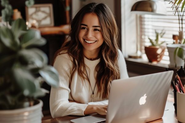 a smiling woman sitting in front of a laptop computer