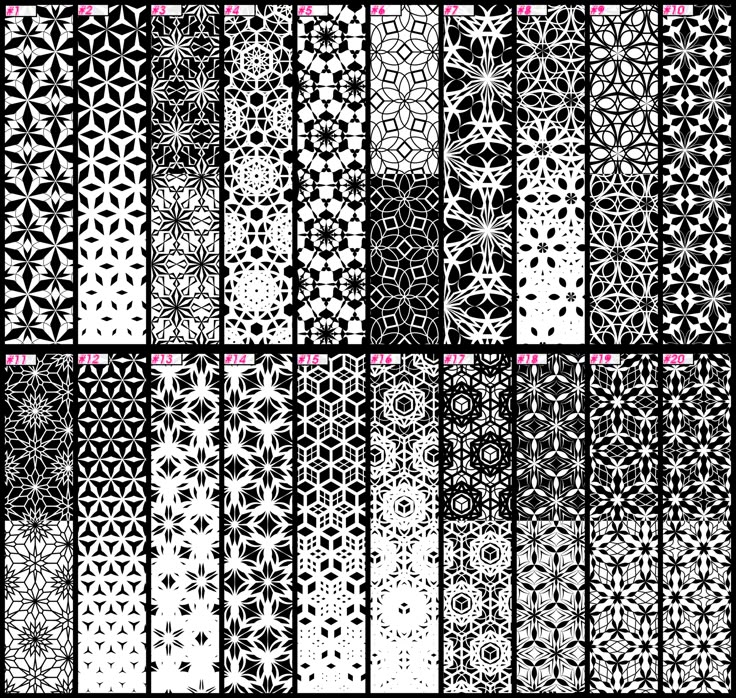 a set of black and white patterns with pink accents on the edges, all in different sizes