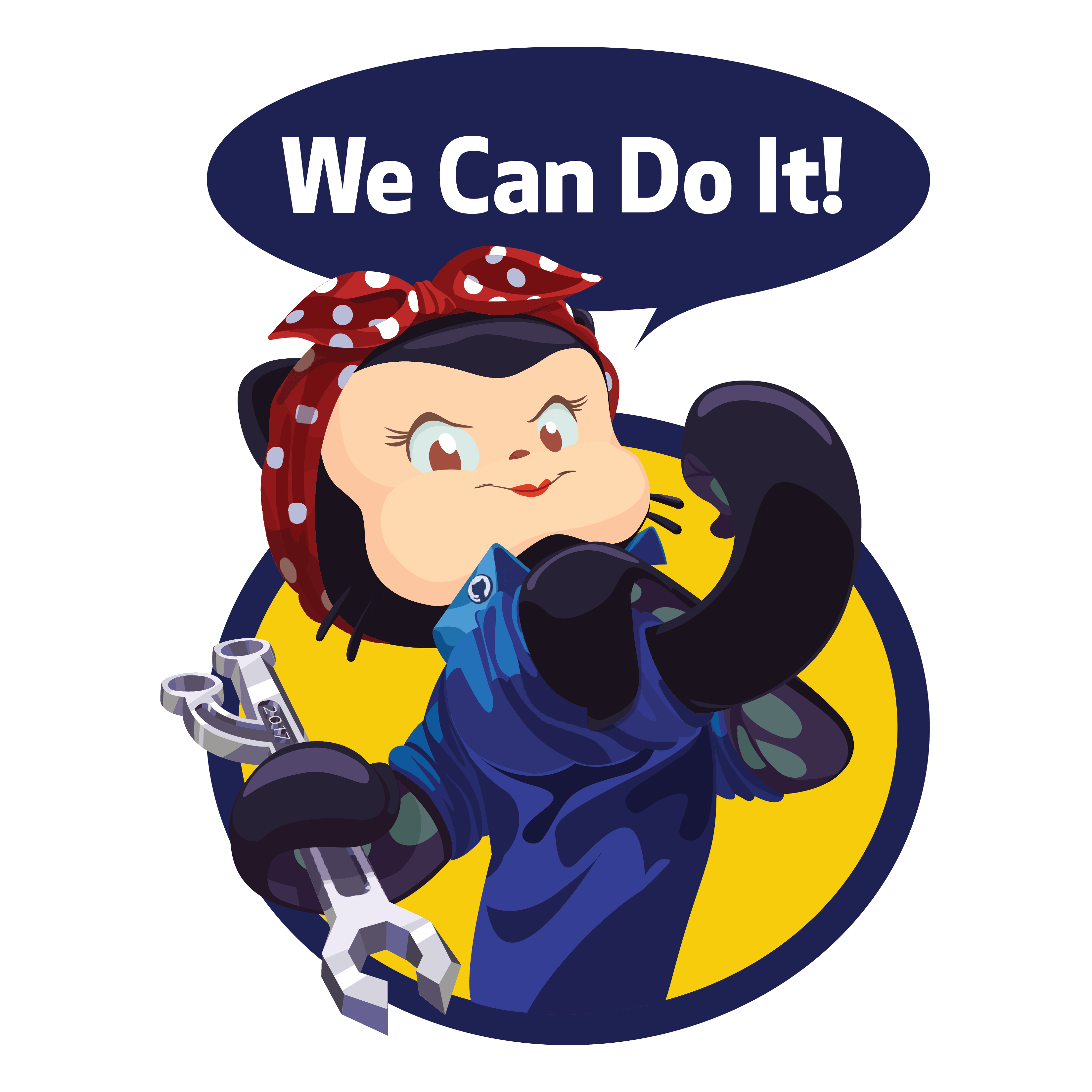 Mona the Octocat in the style of Rosie the Riveter. Mona is wearing blue coveralls and a red and white polka dot hairscarf, on a background of a yellow circle outlined in blue. She is holding a wrench in one tentacle, and flexing her muscles. Text says 'We can do it!'