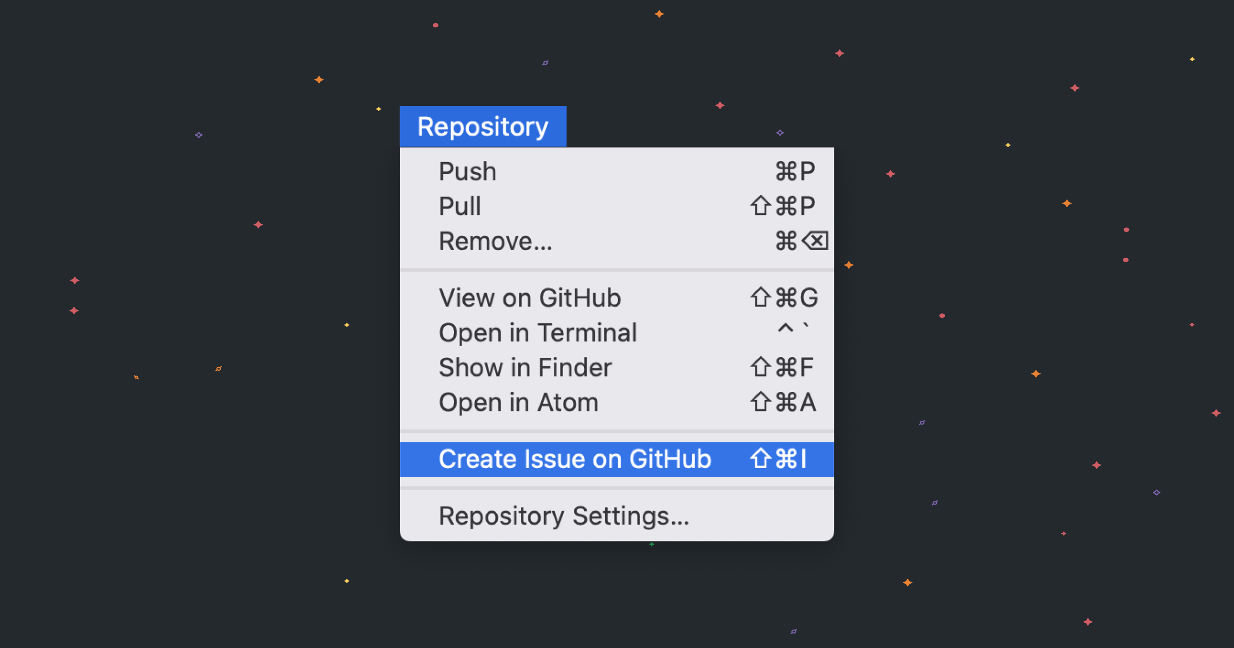 Creating an issue on GitHub from GitHub Desktop's menu bar.