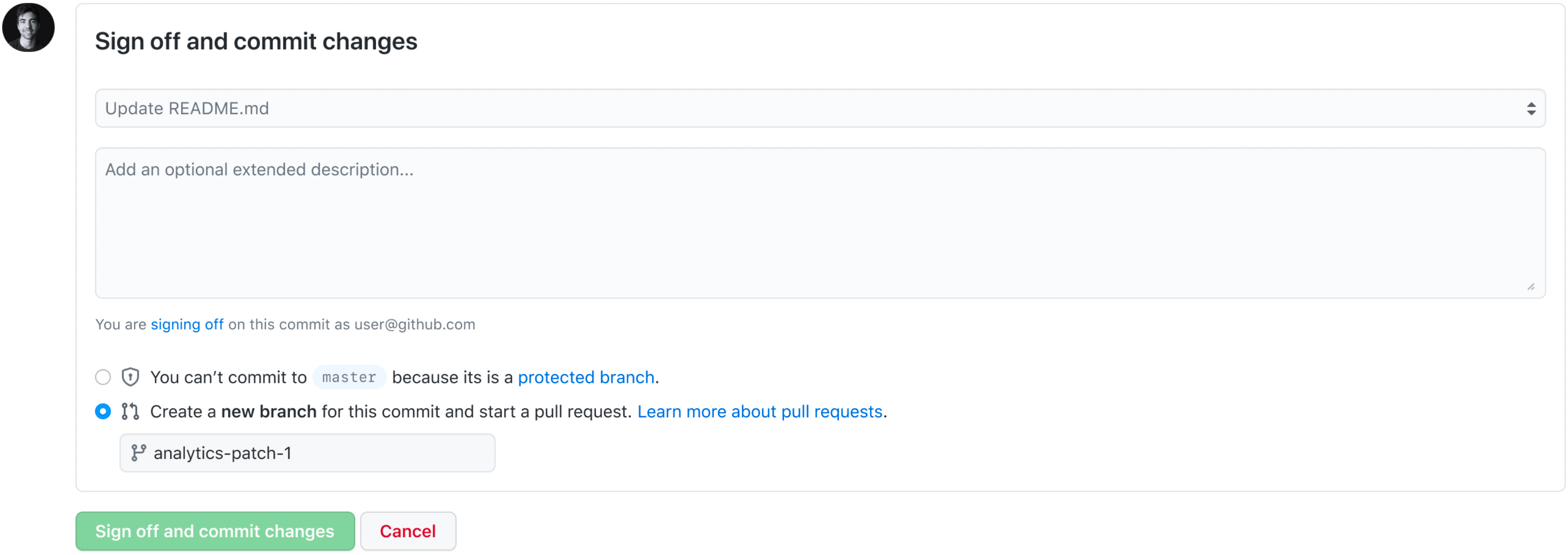 GitHub's web interface for committing will inform developers that they are also signing off when they commit