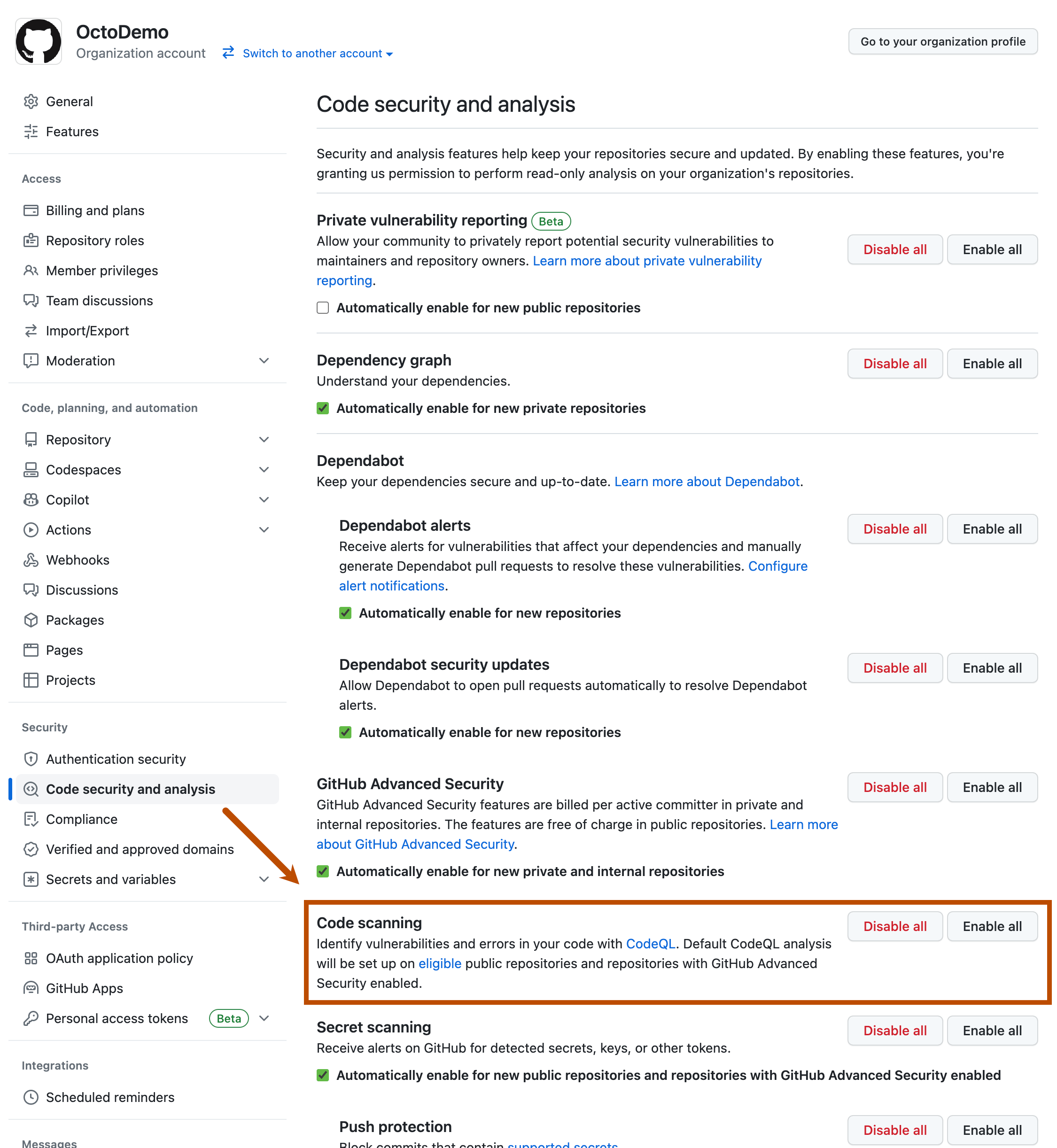 Code scanning enable all default setup button on the organization's 'Settings' page