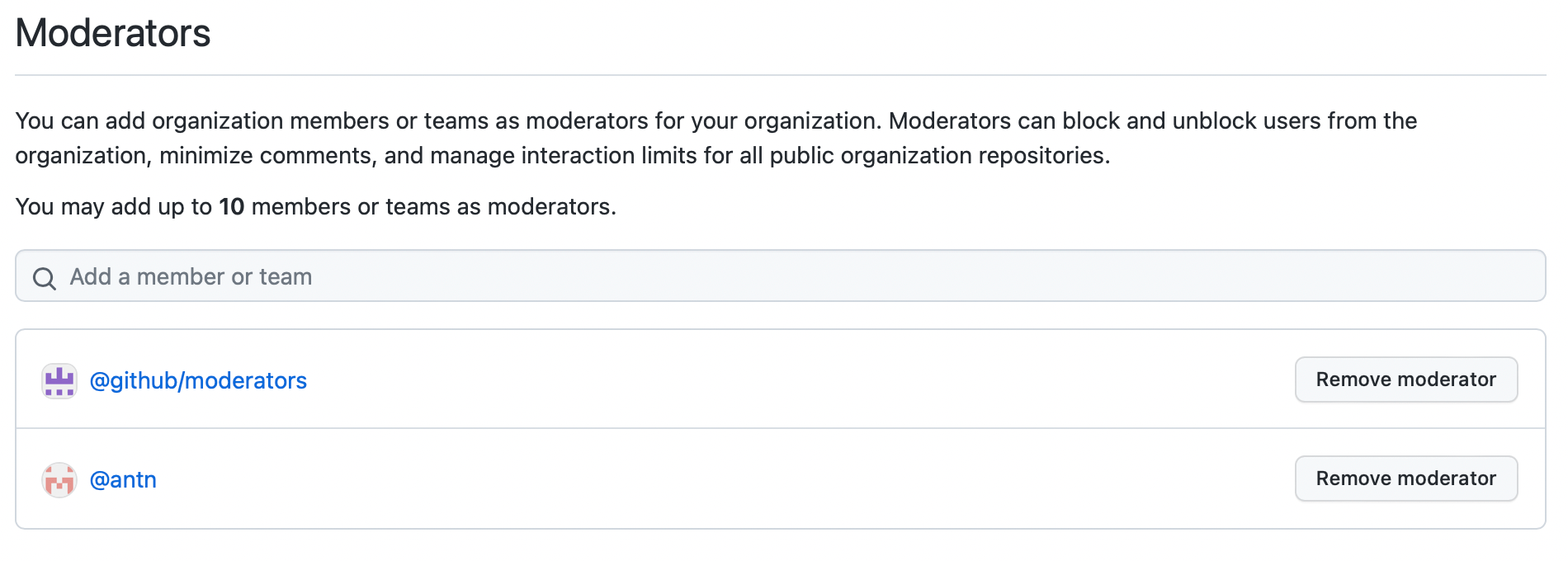 Organization moderators settings page