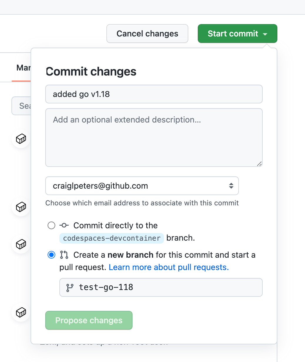 screenshot of the start commit button function