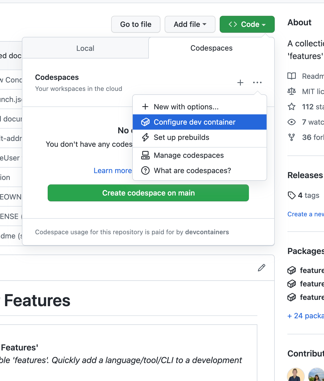 Code dropdown showing the new Codespaces configuration option