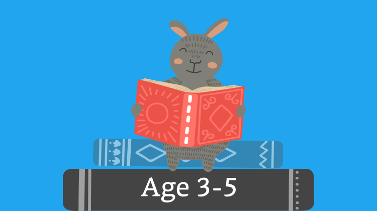 illustration of rabbit reading on a stack of books that says ages 3 to 5