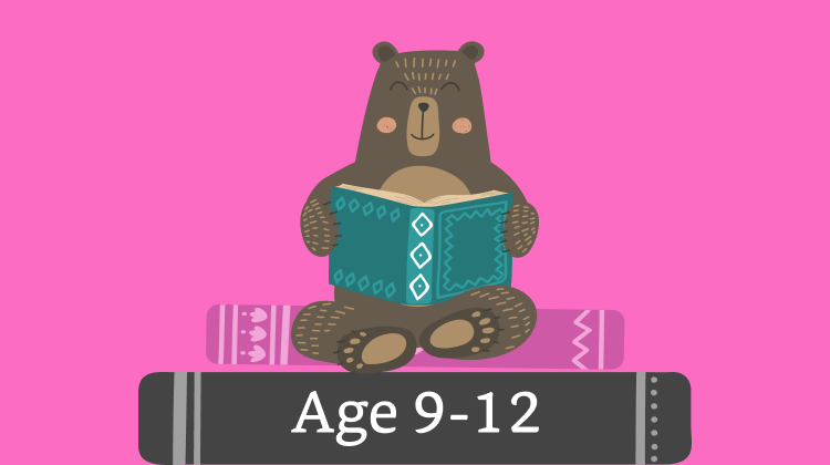 illustration of a bear reading on a stack of books that says ages 9 to 12