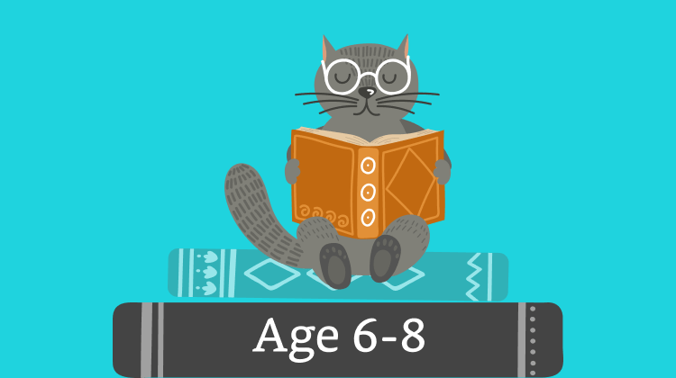 illustration of a cat reading on a stack of books that says ages 6 to 8