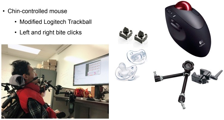 The assistive technology Chiou uses to access the computer from his wheelchair includes a modified trackball mounted to an arm to control mouse movements with his chin, and two pacifiers with switches inside; he bites to right and left click the mouse.