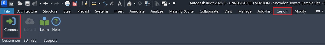 Cesium ion for Autodesk Revit: To export your current 3D View, open the Cesium ribbon and click Connect to connect to Cesium ion.