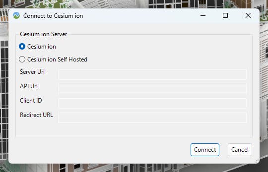 Cesium ion for Autodesk Revit: You can select to connect to either Cesium ion or your Cesium ion Self Hosted server.