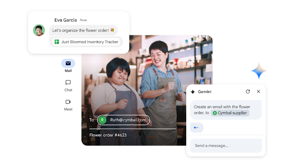 두 명의 직원이 Gemini를 사용하여 비즈니스의 인벤토리 스프레드시트에서 이메일을 만듭니다.
