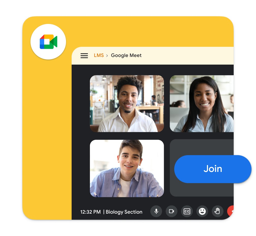 A yellow graphic element shows the layout of a Google Meet video conference.