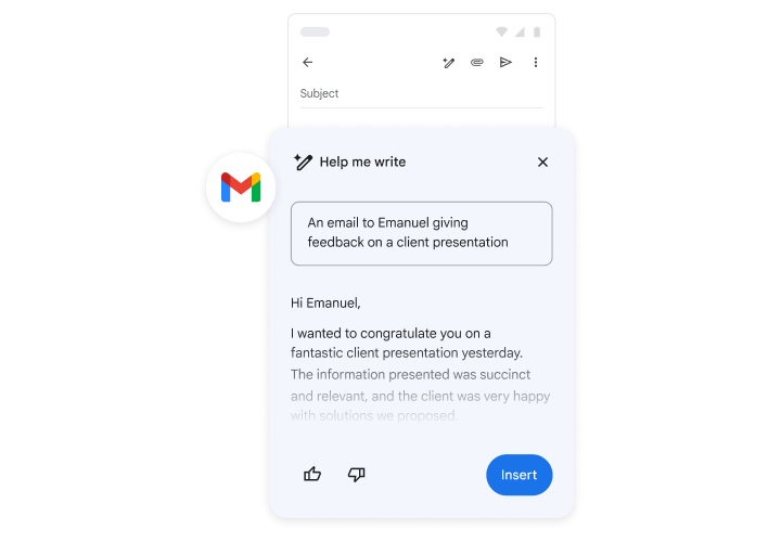 Gemini helping someone to write an email giving feedback on a client presentation.