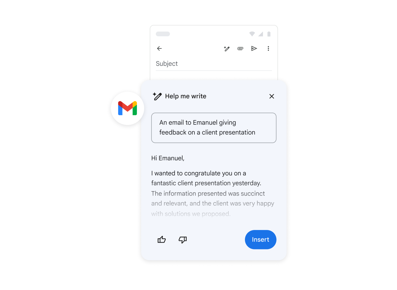 Gemini helping someone to write an email giving feedback on a client presentation.