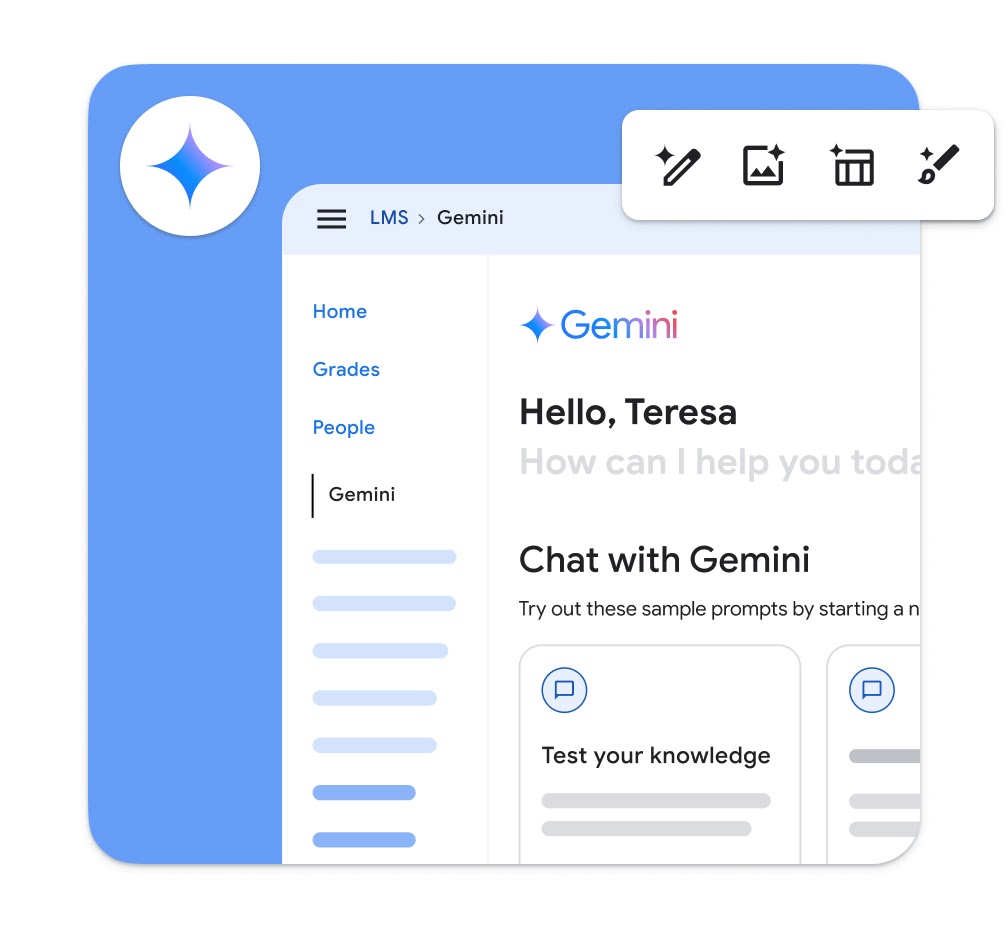 A blue graphic element shows the LMS Gemini page after chat is selected.