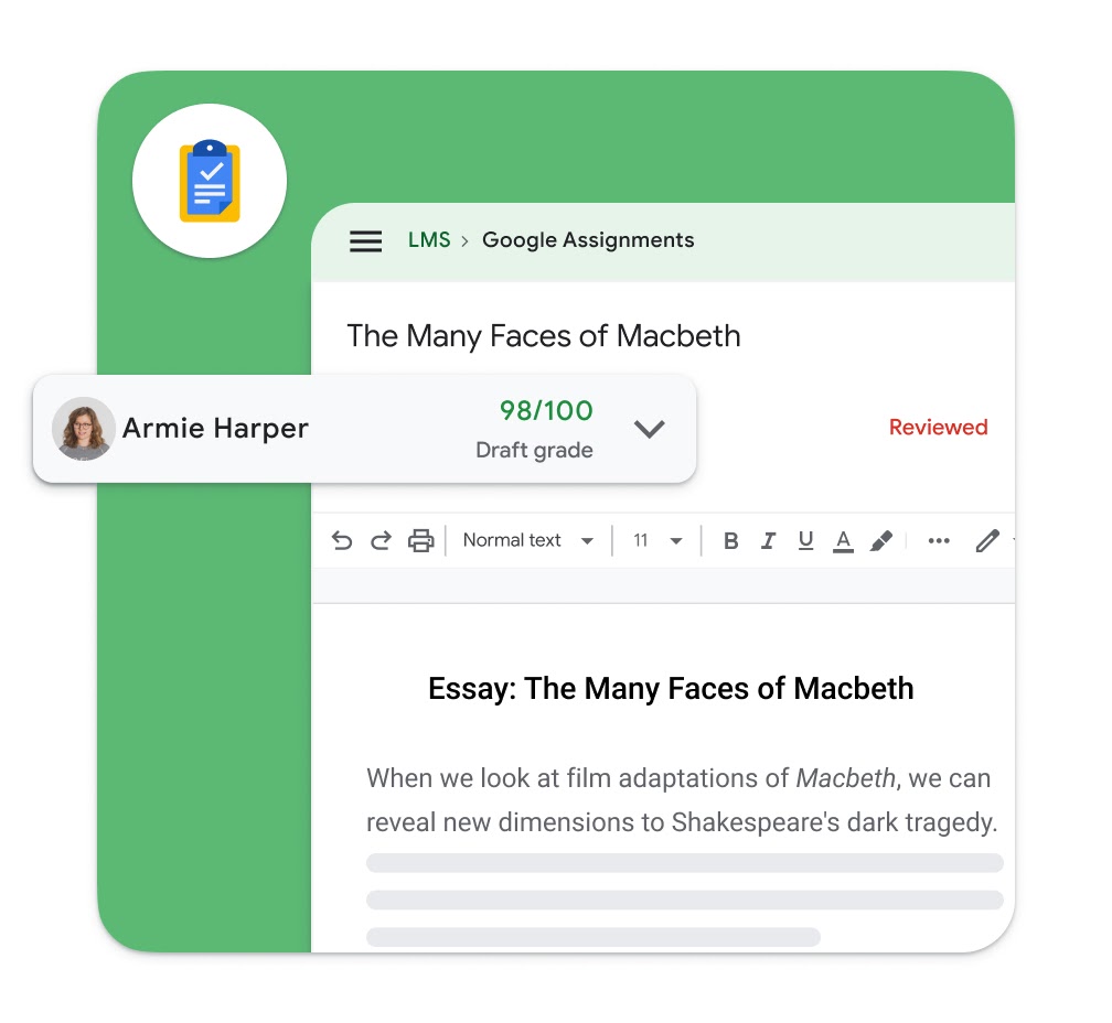 A green graphic element shows an example of an Assignments LTI from an educator's perspective.