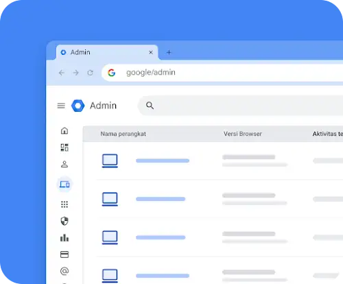 Tampilan Admin Google ChromeOS dengan dua kolom yang menampilkan daftar mesin dan versi browser