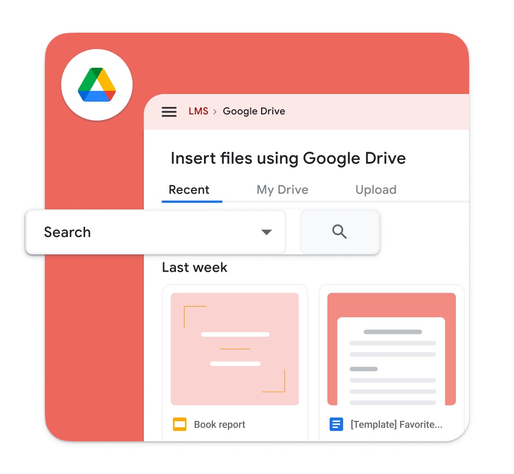 A red graphic element shows the Google Drive search functionality in-use.