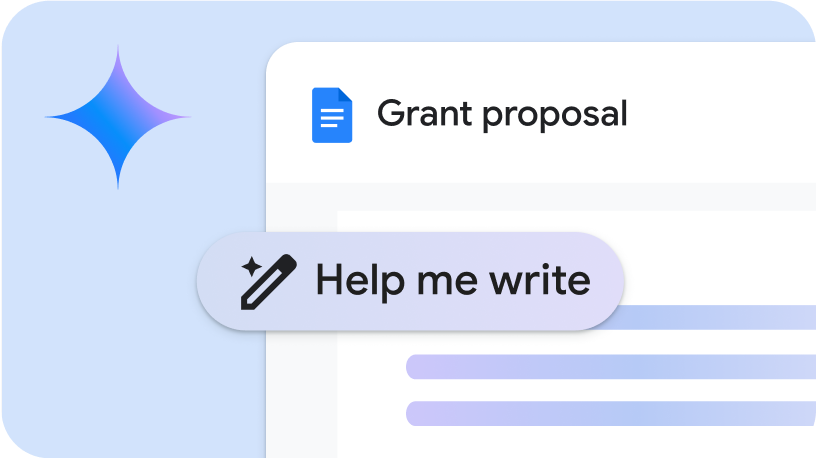 A blue graphic element shows the LMS Gemini page with a  “Help me write” prompt selected.