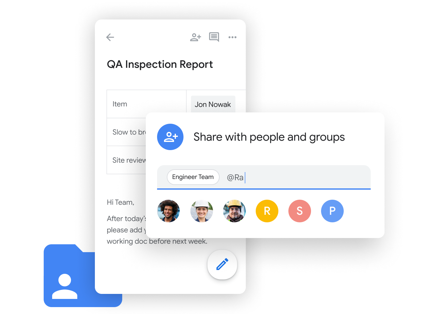 Workspace illustrative graphic – team mates share and edit Google Sheets seamlessly with Google Chat