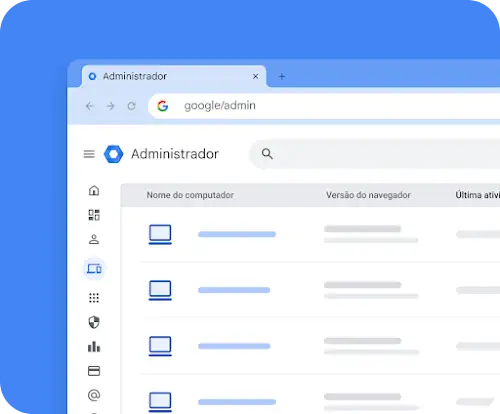 Vista do administrador do Google ChromeOS com duas colunas, que mostram a lista de computadores e a versão do navegador