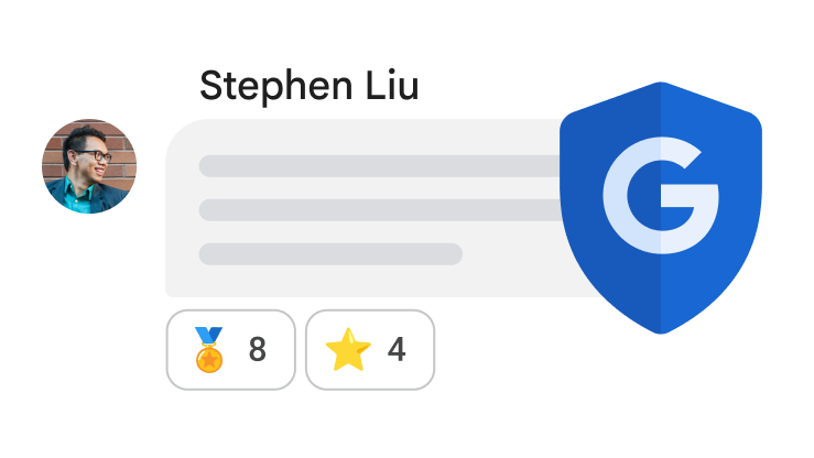 Chatbesked overlejret med Googles sikkerhedsskjold for at indikere integreret sikkerhed.