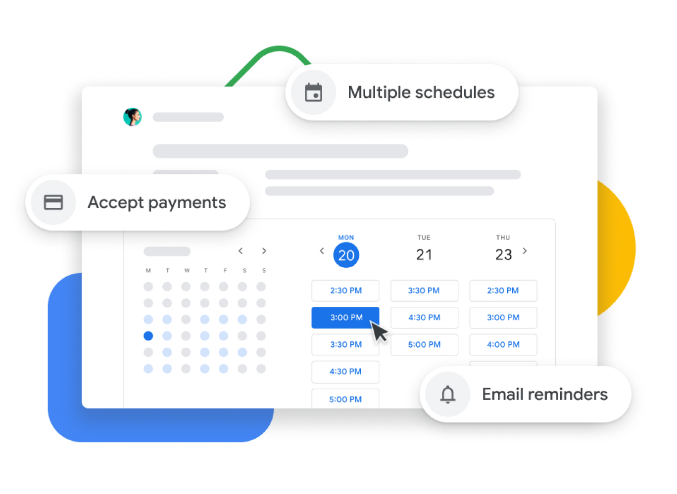 Graphic representation of a Google Calendar with appointment scheduling that allows users to accept payments, verify with clients and send email reminders.