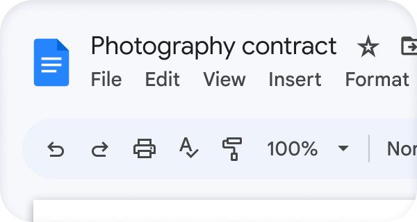 Google Doc titled "Photography contract" 