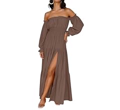 ZESICA Women's 2024 Boho Sexy Off Shoulder Long Sleeve Smocked High Waist Side Split Flowy A Line Tiered Long Maxi Dress