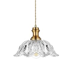 SADUENFR Gold Glass Pendant Lights, 10.6" 1-Light Vintage Hanging Light Fixtures with Flower Clear Glass, Antique Brushed B…