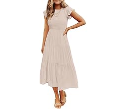 ZESICA Women's 2024 Summer Casual Flutter Short Sleeve Crew Neck Smocked Elastic Waist Tiered Midi Dress