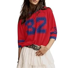 Anoumcy Cotton Oversized Graphic Print T Shirts for Women Color Block Number 32 T-Shirts 2024 Summer Casual Loose Tops