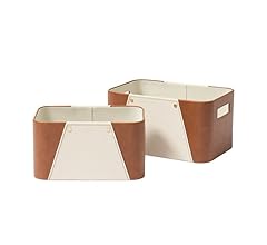 LA JOLIE MUSE Storage Baskets for Organizing, 2 Pack, Storage Cube Boxes Luxury Brown Vegan Leather and Beige Greige Fabric…