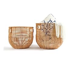 X AVIA HANDICRAFTS Set Of 2 Large Woven Blanket Baskets With Handles | Round Wicker Rattan Storage Floor Baskets for Shoe I…