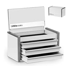 P.I.T. Mini White Tool Box, Portable 3 Drawer Steel Stackable Tool Box with Magnetic Tab Locking, White Micro Top Chest wit…