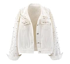 LifeShe Women's Pearls Denim Jacket Cropped Rhinestones Jean Jacket Coat