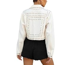 Women's Fashion Cropped Denim Jacket Lapel Short Sleeve Distressed Western Studded Jean Jacket Coat