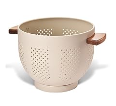 Metal Colander with Wood Handle and Stable Base, Powder Coated Steel Kitchen Strainer Basket for Draining Pasta, Vegetable …