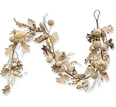 National Tree Company Artificial Autumn Garland, White, Made with Pumpkins, Gourds, Maple Leaves, Pinecones, Berry Clusters…