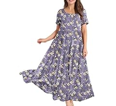 YESNO Women Casual Loose Bohemian Floral Dress with Pockets Short Sleeve Long Maxi Summer Beach Swing Dress EJF