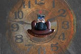 Person writing on a laptop on a chair. The floor is painted as a clock.