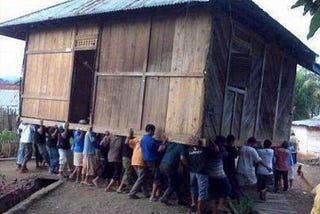 A group of people carrying a house