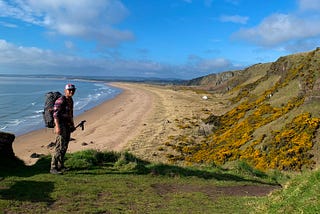 A hiker stands against a long sandy beach stretching to the horizon.