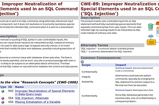 Before image of the current webpage for https://cwe.mitre.org/data/definitions/89.html on the left in comparison to proposed usability improvements of the same webpage on the right with an easier-to-understand presentation of the basic content included in the entry along with a visual representation of the weakness.