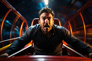 AI-generated image of a man terrified on a rollercoaster