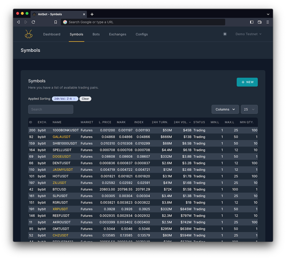 Exchange available trading Symbols