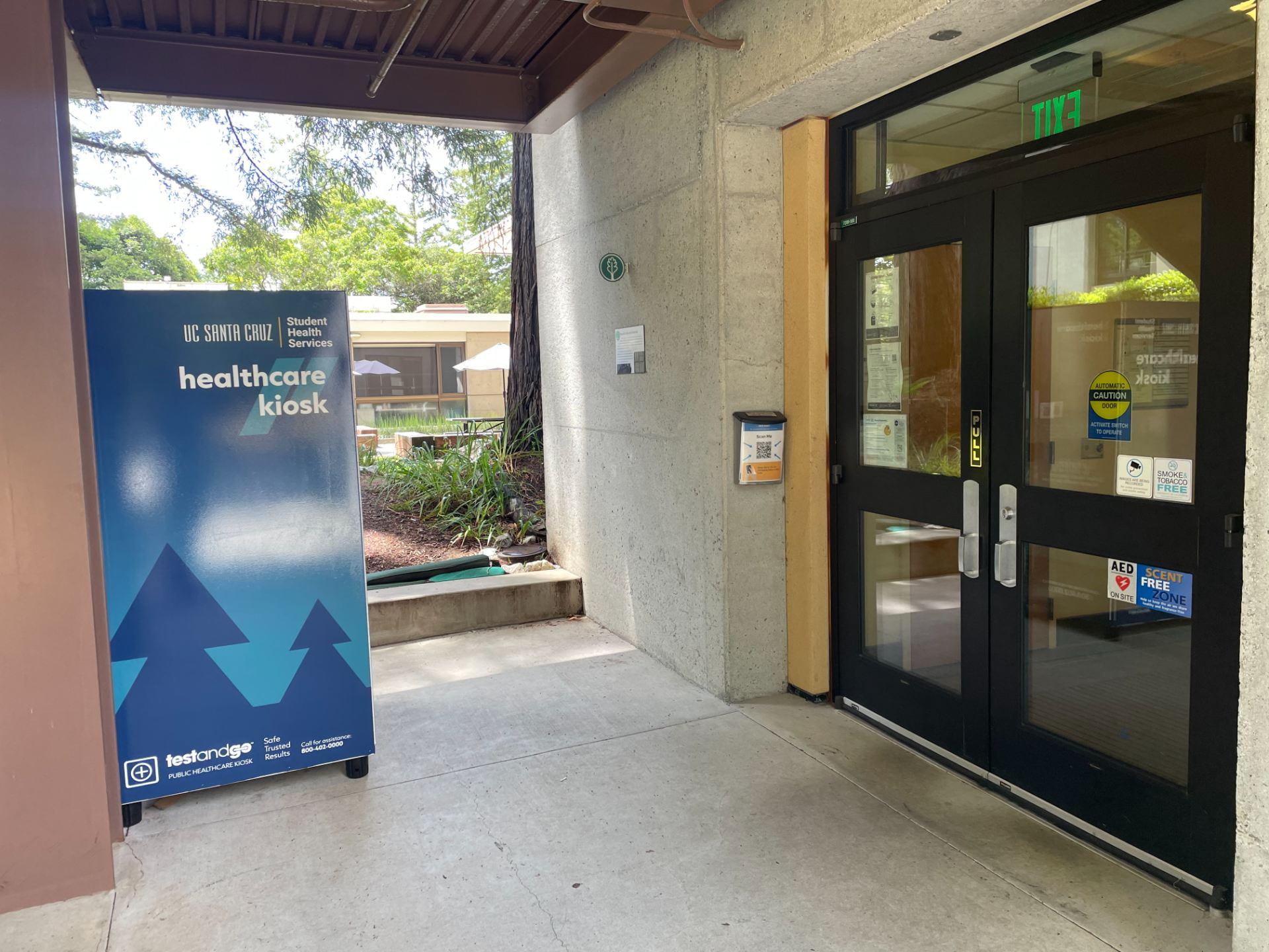 Healthcare kiosk outside of the Cowell Student Health Center